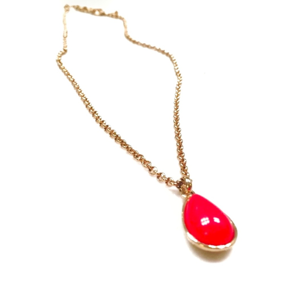 Fossil Red Orange Teardrop Gold Tone Boho Necklace